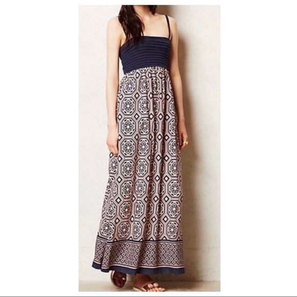 Anthropologie Dresses & Skirts - SOLD-Anthropologie Geometric Print Pleated Navy and Pink Long Maxi Dress